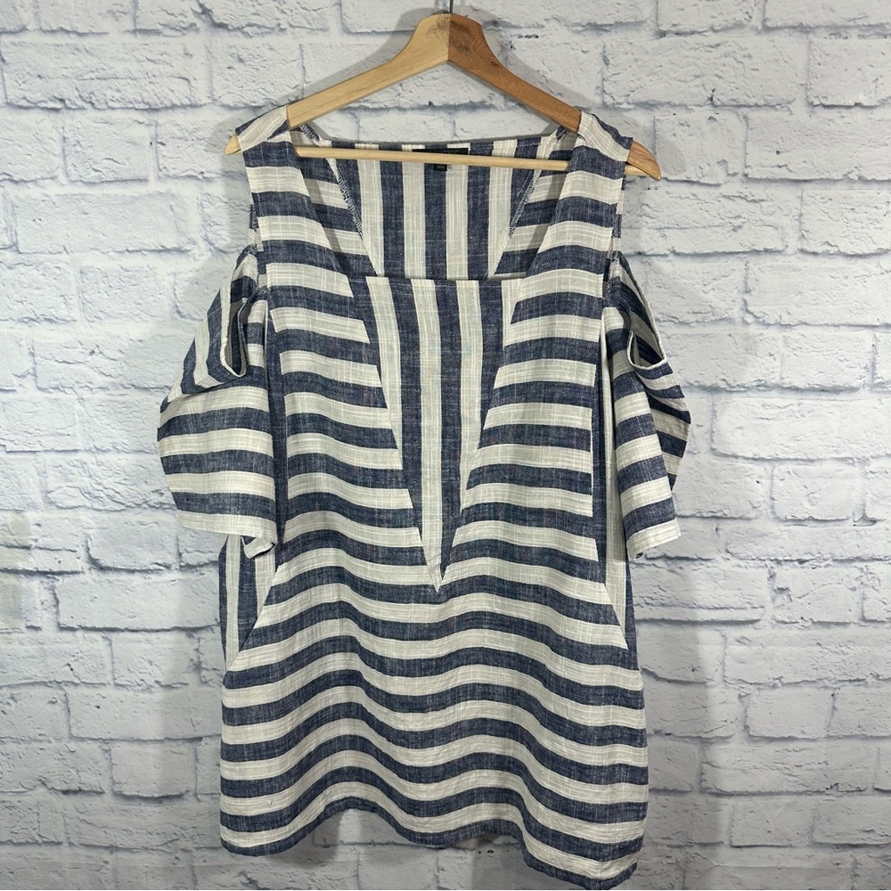 For Cynthia Cold Shoulder Short Sleeve Linen Blend Stripe Blue White Blouse 2X